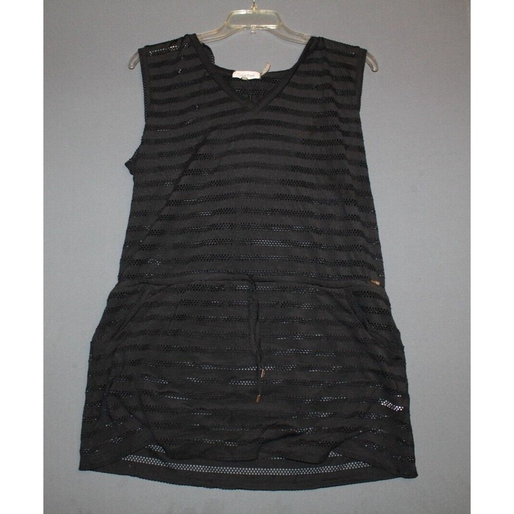 Calvin Klein Women's Burnout Drawstring Tunic Swim Cover up-Black L/XL w/ hood